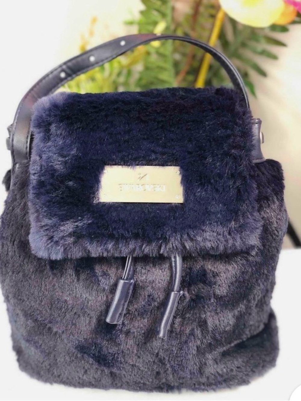 Swarovski Swan Faux Fur Navy Backpack Purse NWOT